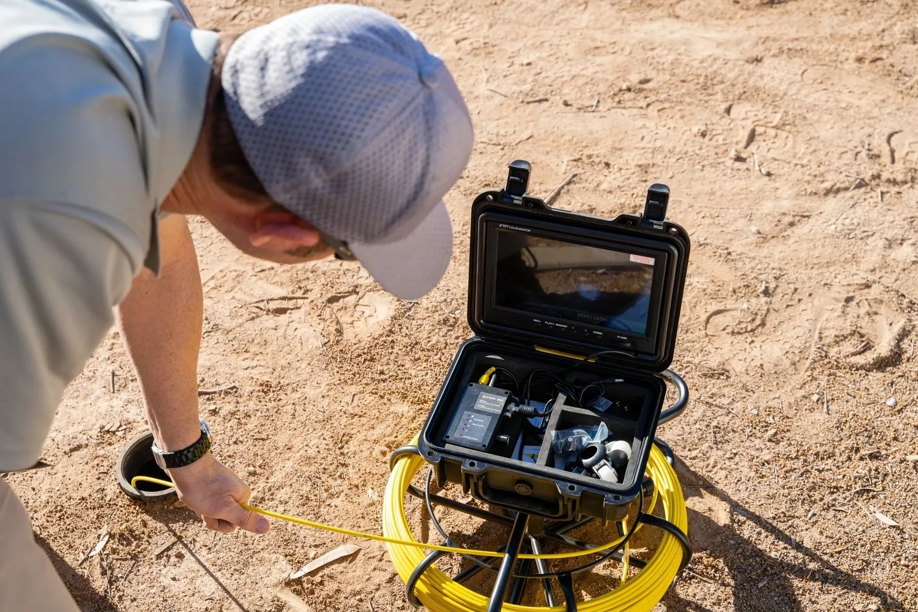 Sewer scope camera in operation during a mainline inspection